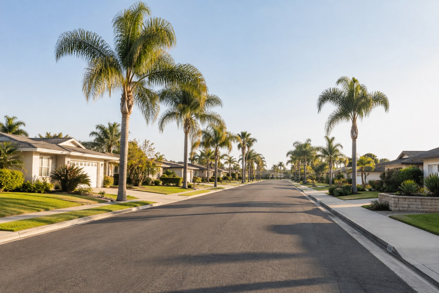 A palm lined Huntington Beach street, illustrative