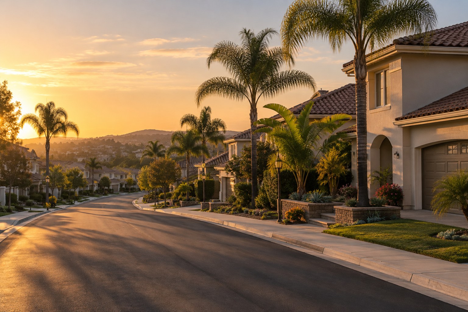 An Orange County street at golden hour, illustrative
