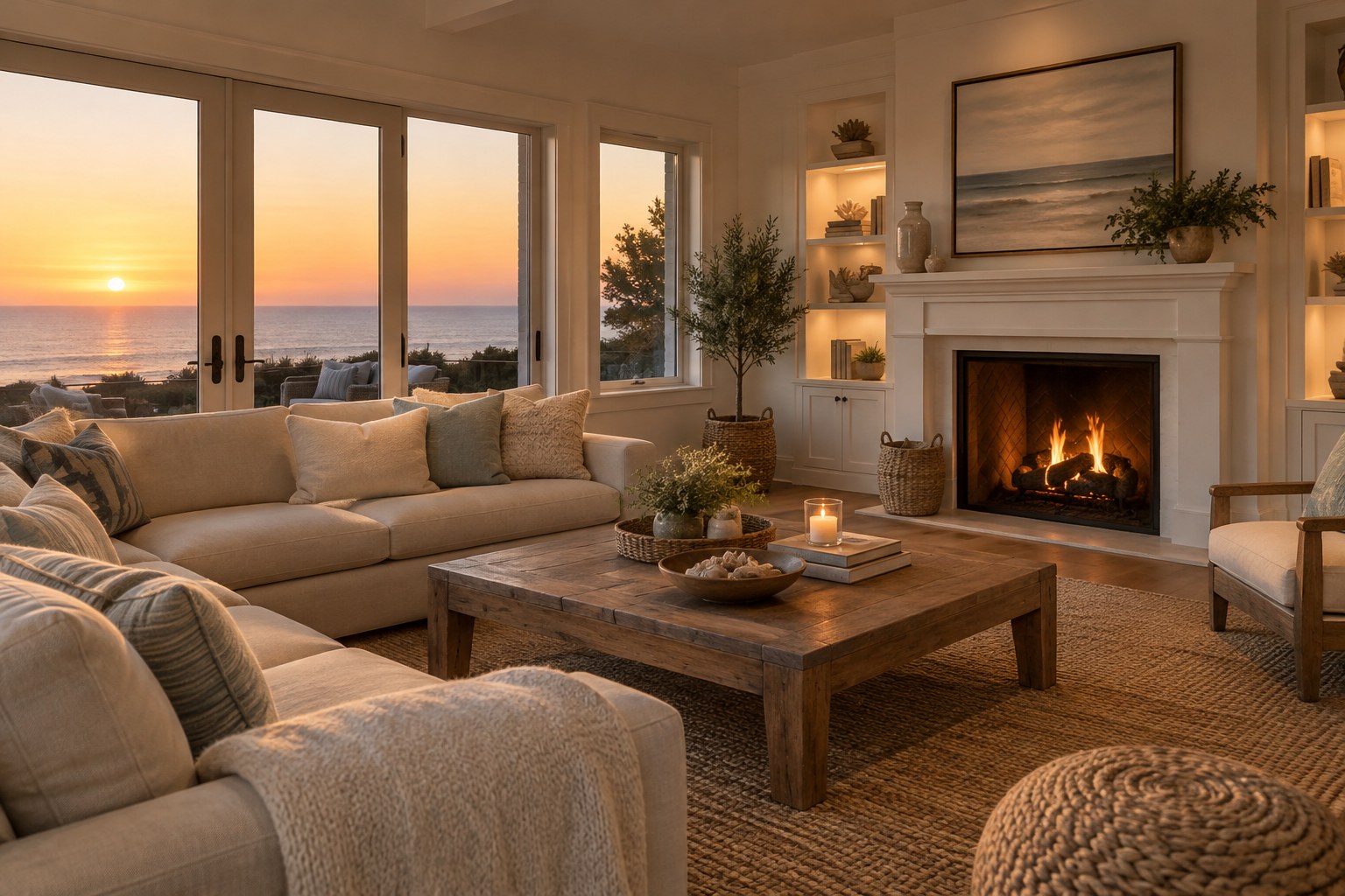 A cozy coastal family room, illustrative